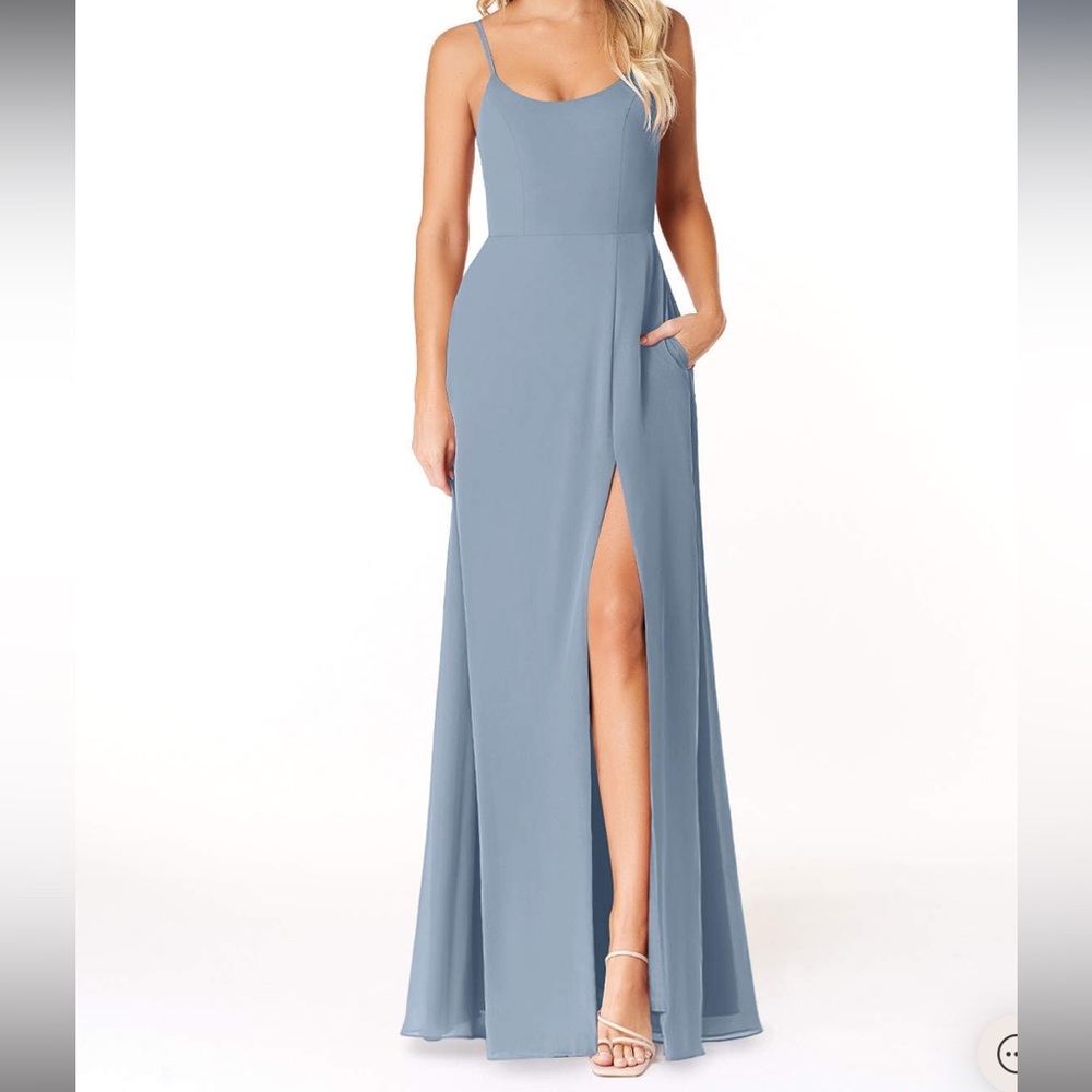 Azazie Moira bridesmaids dress in Dusty Blue